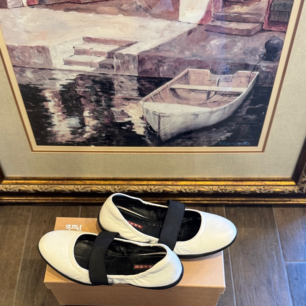Prada Cream Flats with Black Strap
